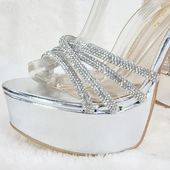 NIB City Nites Silver Platform 6" High Heels Ankle Wrap Shoes Sparkling Rhinest - Picture 10 of 10